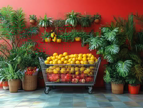A vibrant display of lemons and pomegranates in a shopping cart against a lush green backdrop. photo