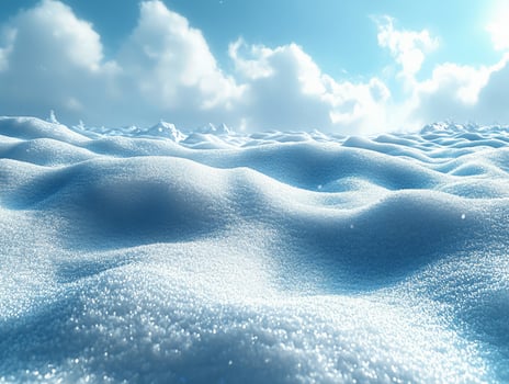 A serene snowy landscape with gentle waves under a bright sky and soft clouds. photo
