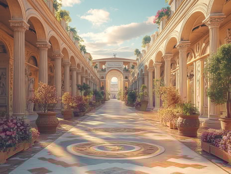 A serene courtyard with classical architecture, vibrant flowers, and a tranquil atmosphere. photo
