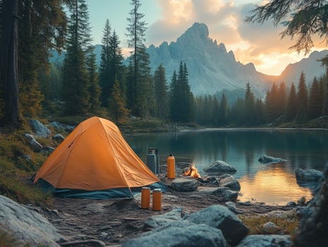 A serene camping scene by a lake with an orange tent and mountains at sunset. photo