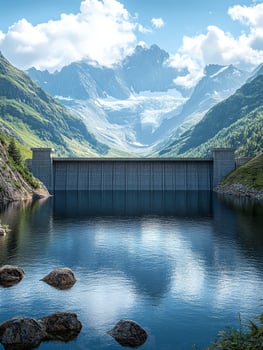 A dam surrounded by mountains and a serene lake reflecting the landscape. photo