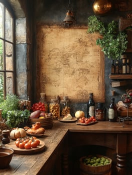 A rustic kitchen scene with fresh produce, herbs, and a vintage map on the wall. photo