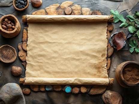 A blank scroll surrounded by natural elements, suggesting a creative or historical purpose. photo