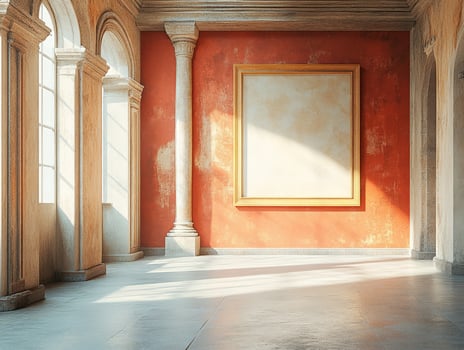 A sunlit gallery with columns and an empty frame on an orange wall. photo