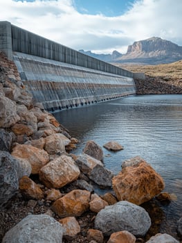 A concrete dam stands beside a serene water reservoir, surrounded by rocky terrain and mountains. photo