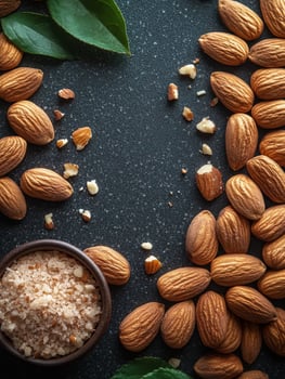 A composition of almonds and sea salt on a dark surface, highlighting natural ingredients. photo