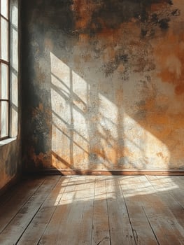 A sunlit corner of a rustic room with textured walls and wooden flooring. photo