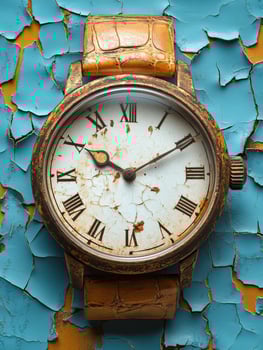 An antique watch with a cracked face and worn leather strap against a textured blue background. photo