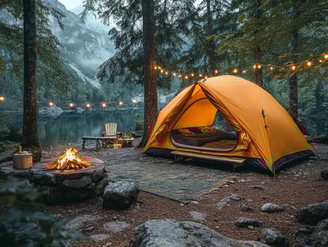 A cozy camping scene with a yellow tent, campfire, and serene lake backdrop. photo