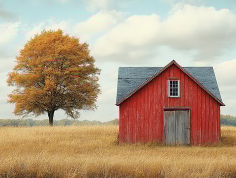 A rustic red barn beside a golden tree in a serene autumn landscape. photo