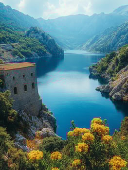 A serene landscape featuring a river, mountains, and vibrant flowers near a stone structure. photo