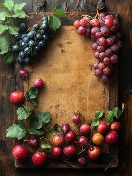 A wooden board adorned with grapes and apples, showcasing fresh produce for a culinary display. photo