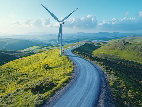 A winding road leads to a wind turbine on a green hillside under a clear blue sky. photo