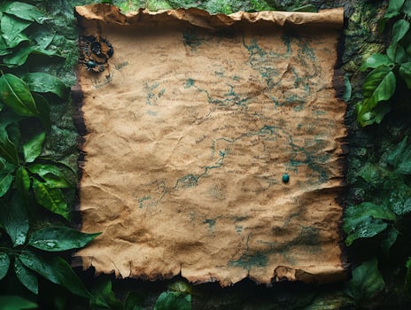 A weathered map surrounded by lush greenery, suggesting exploration or adventure. photo