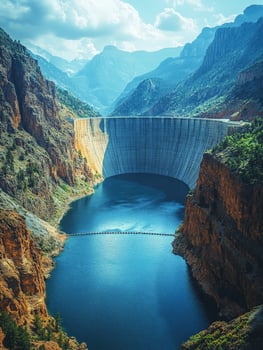 A massive dam stands between steep cliffs, reflecting in the tranquil water below. photo