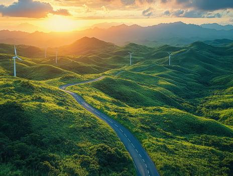 Scenic landscape with rolling hills, a winding road, and wind turbines at sunset. photo