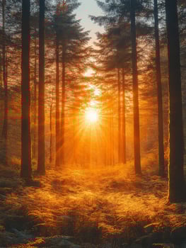 A serene forest scene at sunset, with sunlight filtering through tall trees and ferns. photo