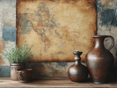 A rustic display featuring a vintage map, pottery, and a potted plant. photo
