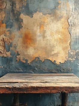 A rustic wooden table against a textured, weathered wall, evoking a vintage ambiance. photo