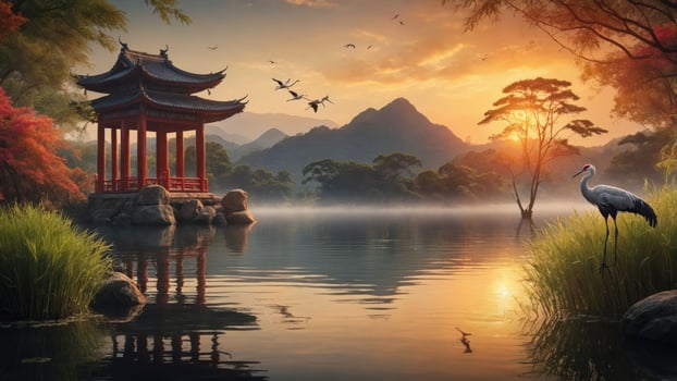 Serene landscape featuring a traditional pavilion by a tranquil lake at sunset. photo