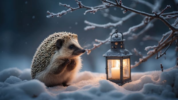 A hedgehog beside a lantern in a snowy landscape, creating a cozy, serene atmosphere. photo