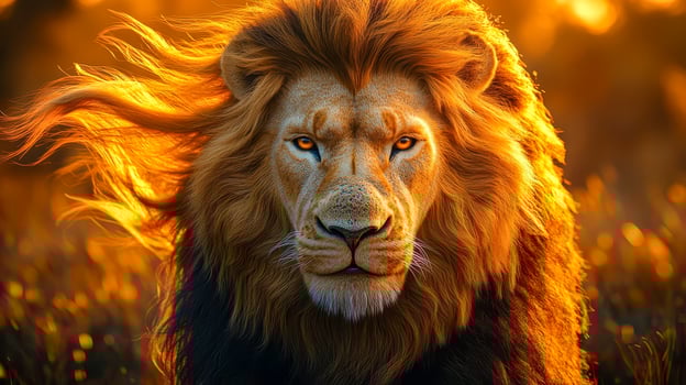 A close-up of a majestic male lion, his thick golden mane fluttering in the wind photo