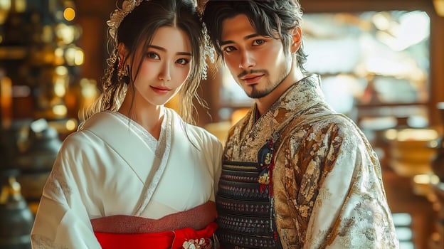 Japanese couple in traditional wedding outfits photo