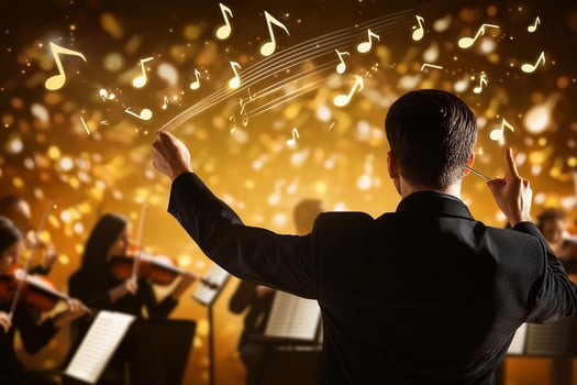 A conductor is holding up his hands in front of a group of musicians photo
