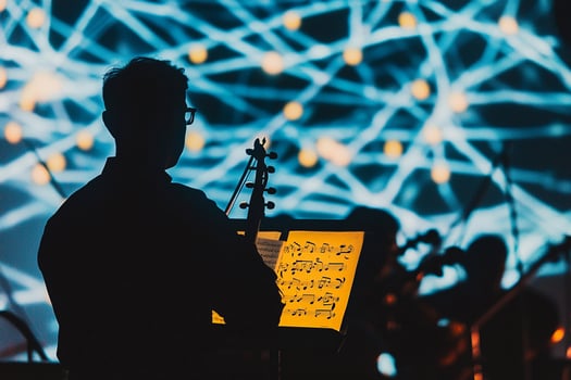 A man playing the violin in front of a large screen photo