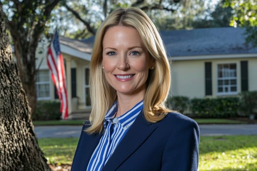 A woman in a blue blazer and white shirt standing in front of a house photo