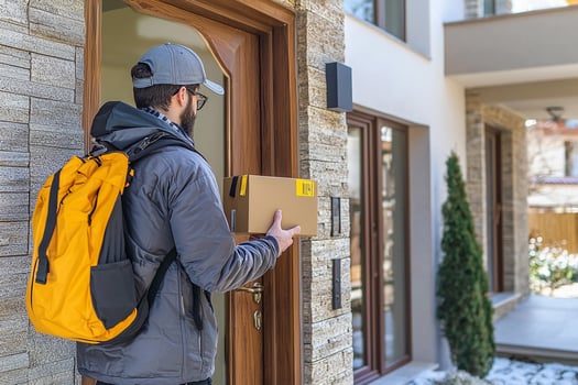 A man with a backpack is holding a package photo