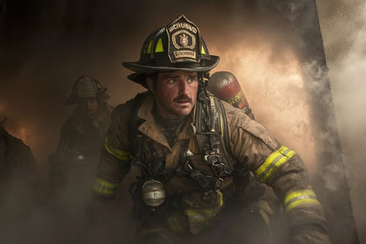 A firefighter is walking through smoke photo