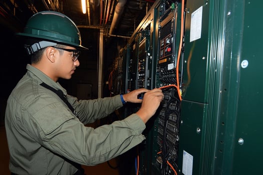 A man in a hard hat working on a computer photo