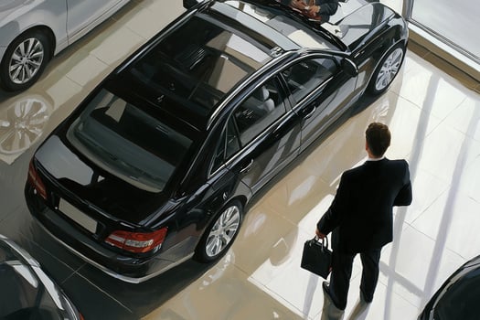 A man in a suit is looking at a car in a showroom photo