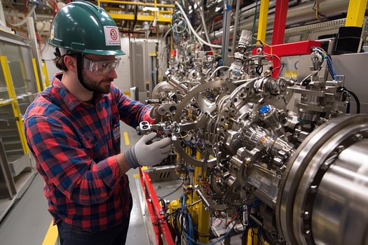A man in a hard hat and safety glasses working on a machine photo