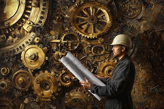 A man in a hard hat holding a blueprint photo