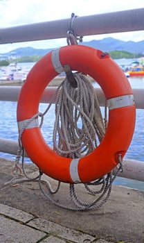 Vertical outdoor rope and red safety lifebuoy ring near the ocean photo
