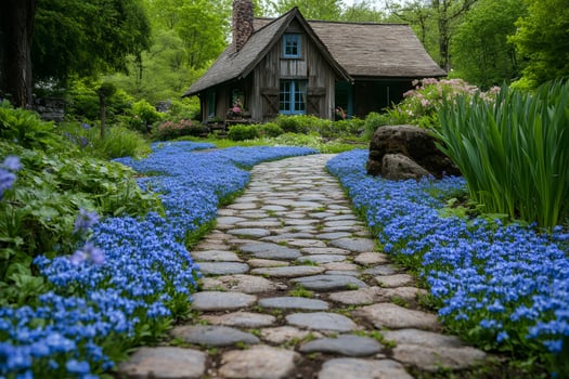 Stone path leading to wooden cabin surrounded by blue flowers photo
