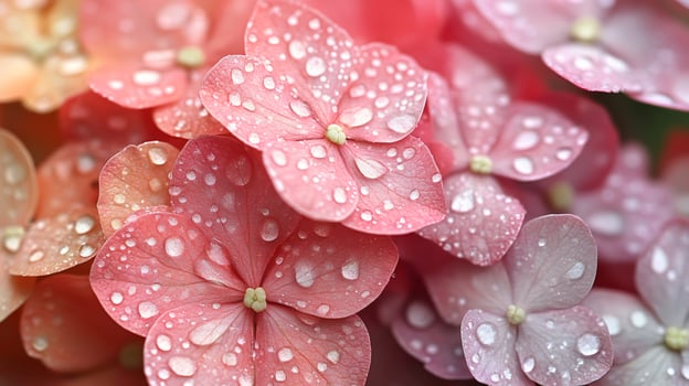 Pink hydrangea flowers covered in sparkling water droplets photo