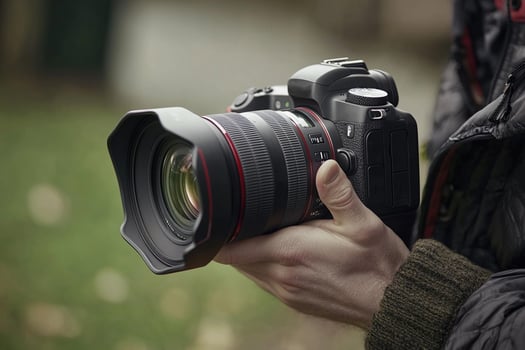 A person holding a canon camera with a lens photo