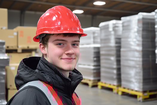 A young man wearing a hard hat in a warehouse photo