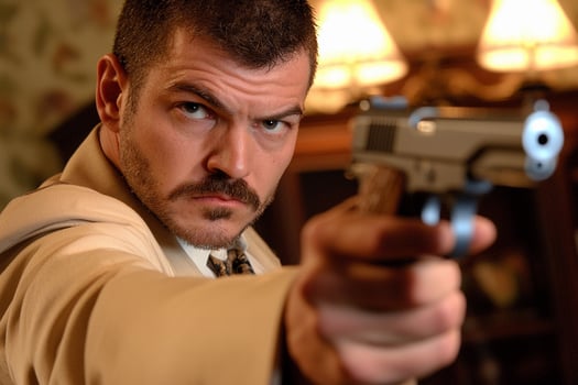 A man in a suit holding a gun photo