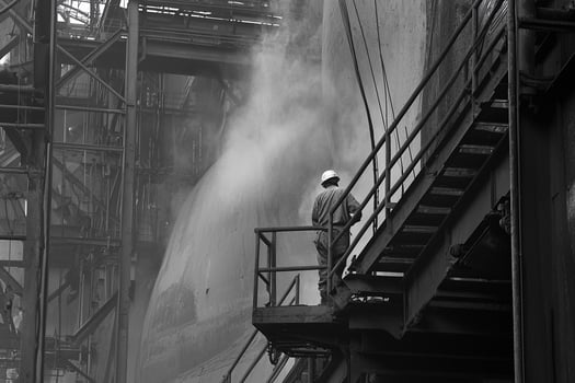A man standing on a ladder in front of a large steam pipe photo