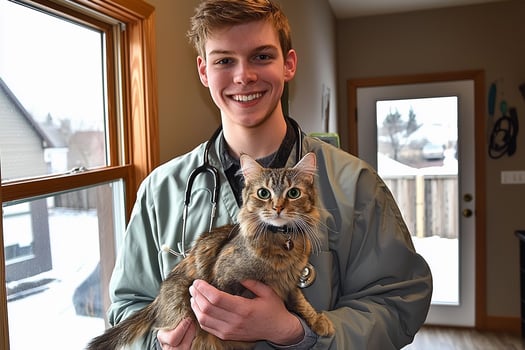 A young man holding a cat in his arms photo