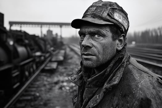 A man in a dirty hat stands in front of a train photo