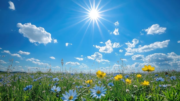 Blooming meadow under a sunny blue sky with fluffy white clouds photo