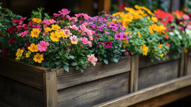Colorful calibrachoa flowers growing in wooden planter boxes photo