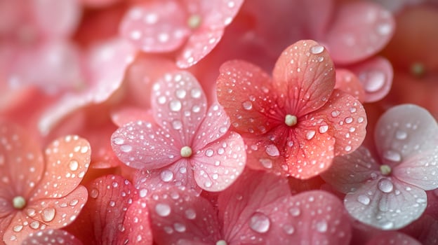 Sparkling water droplets adorning delicate pink hydrangea flowers photo