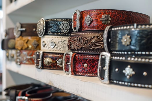 A variety of leather belts are on display in a store photo
