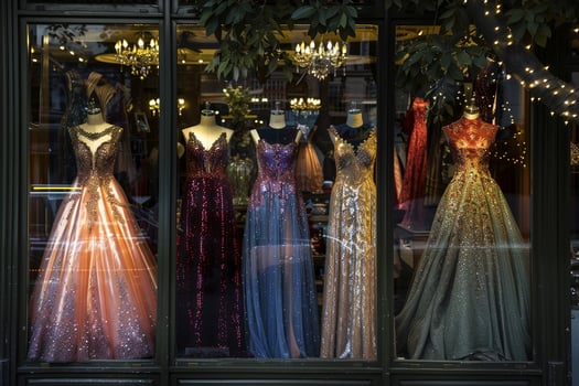 A window display of dresses in a store photo